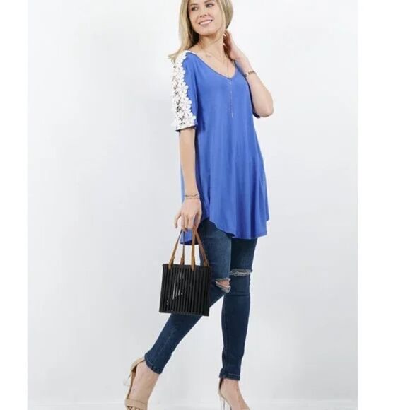 Blue V-Neck Floral Crochet Shoulder Tunic - Picture 1 of 3